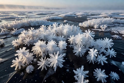 Delicate spiky crystalline frost flowers blooming across fresh dark sea ice in Greenland