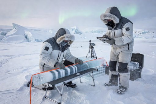 Two polar researchers measuring and cataloging an ice core sample on a frozen Arctic inlet