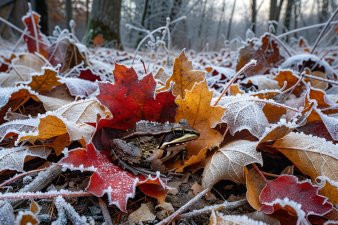 A small wood frog resting in frozen autumn forest leaf litter